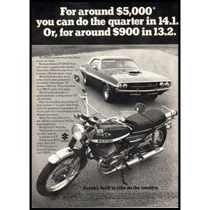 1970 Suzuki T-500 III Titan Motorcycle Vintage Print Ad Dodge Challenger T500